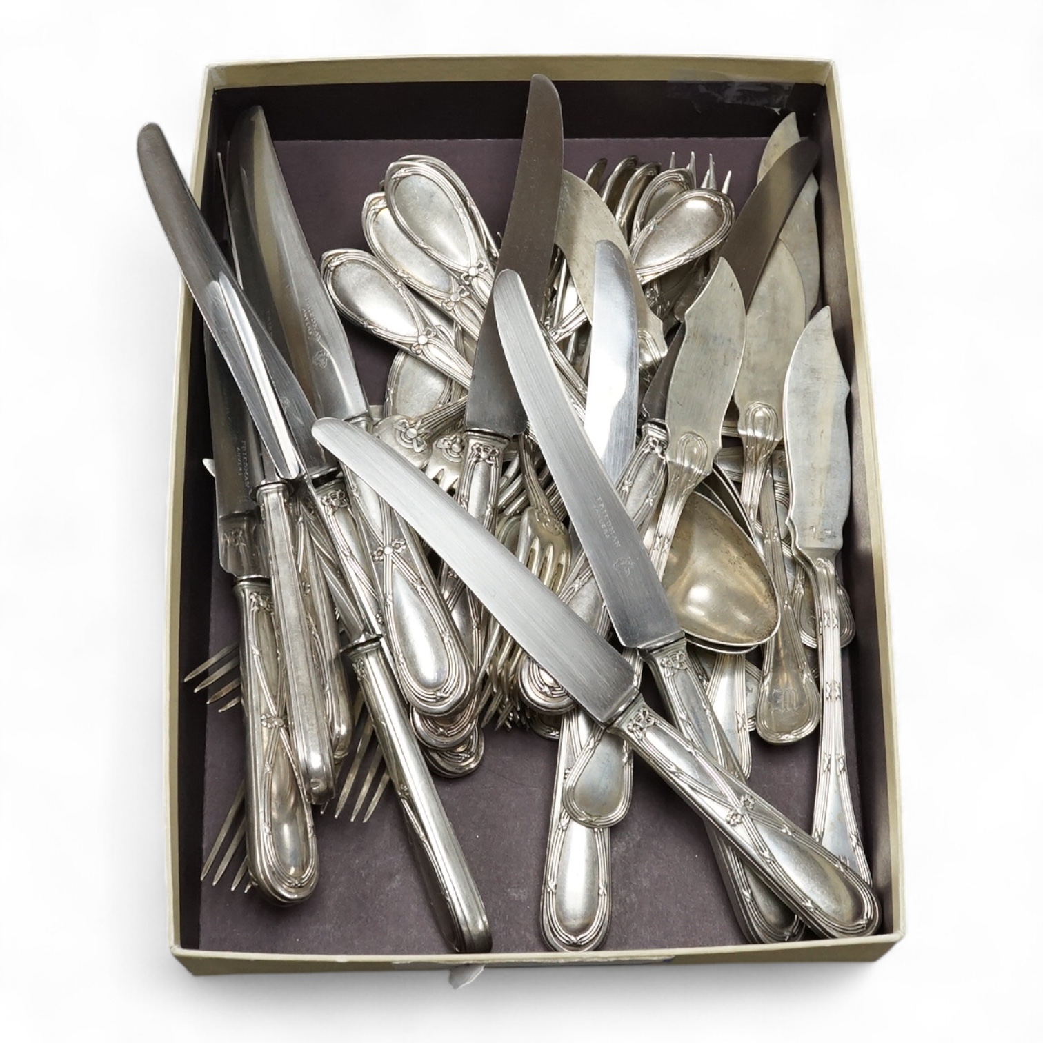 Eight pairs of continental 800 standard white metal fish eaters, together with another eleven pairs of continental 800 standard white metal table forks and handled steel knives and five matching table spoons, weighable w